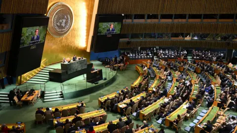 EPA French President Emmanuel Macron addressed the High-level International Conference for Peaceful Settlement of the Question of Palestine and Implementation of the Two-State Solution at the UN headquarters in New York (22 September 2025)