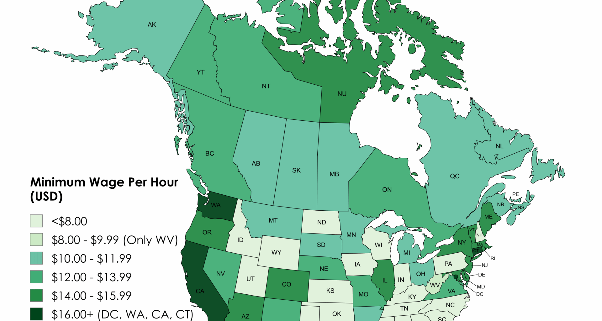 [OC] Minimum Wage Per Hour (USD) by State and Province