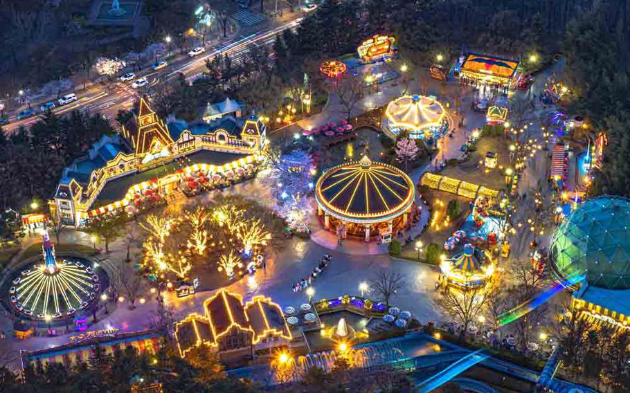 Birds-eye view of E-World at night.