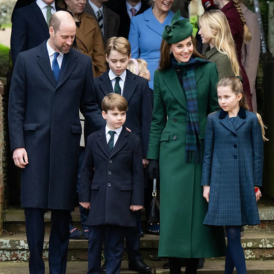 SANDRINGHAM, NORFOLK - DECEMBER 25: Prince William, Prince of Wales, Prince Louis of Wales, Prince George of Wales, Catherine, Princess of Wales and Princess Charlotte of Wales attend the Christmas Morning Service at Sandringham Church on December 25, 2024 in Sandringham, Norfolk. (Photo by Samir Hussein/WireImage).