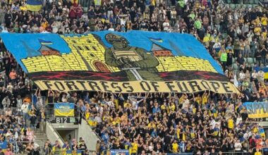 Ukrainian fans display “Fortress Europe” banner during World Cup qualifier against France