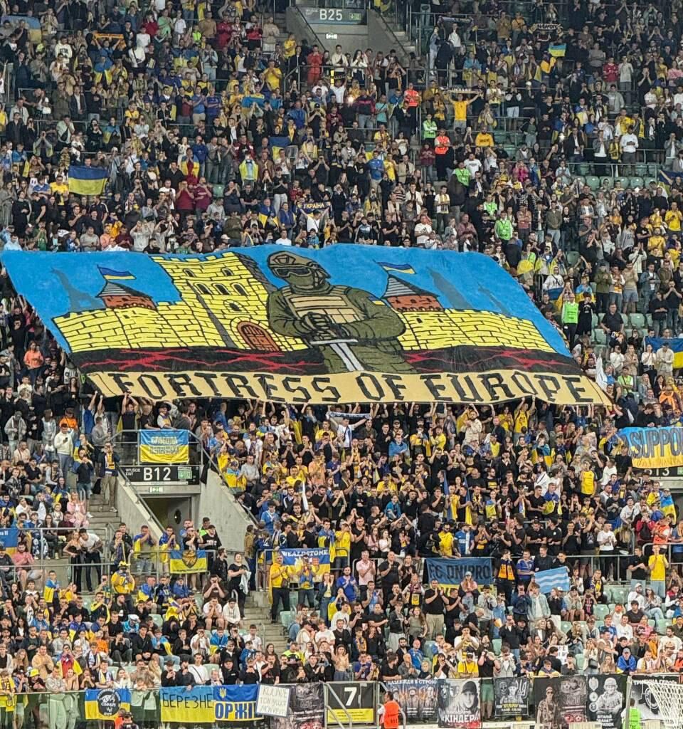 Ukrainian fans display “Fortress Europe” banner during World Cup qualifier against France