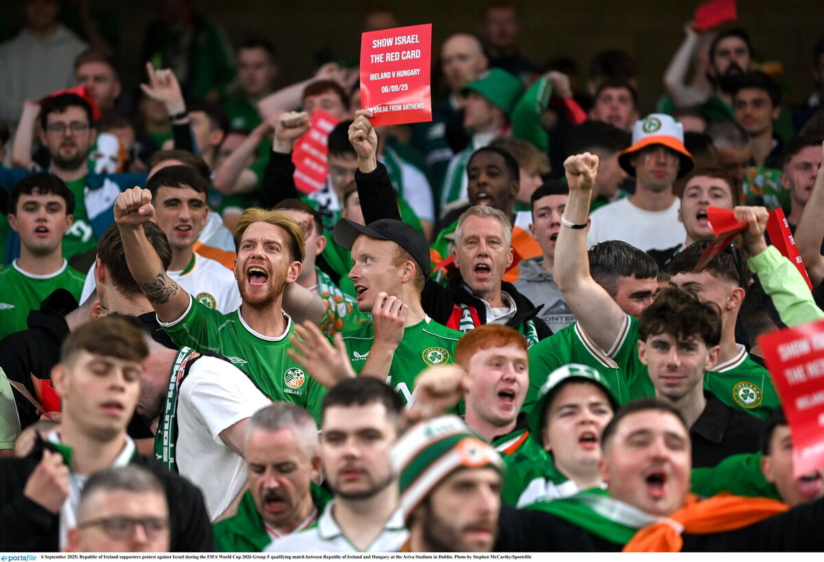 Republic of Ireland supporters protest against Israel during the FIFA World Cup 2026 Group F qualifying match between Republic of Ireland and Hungary at the Aviva Stadium in Dublin. Photo by Stephen McCarthy/Sportsfile