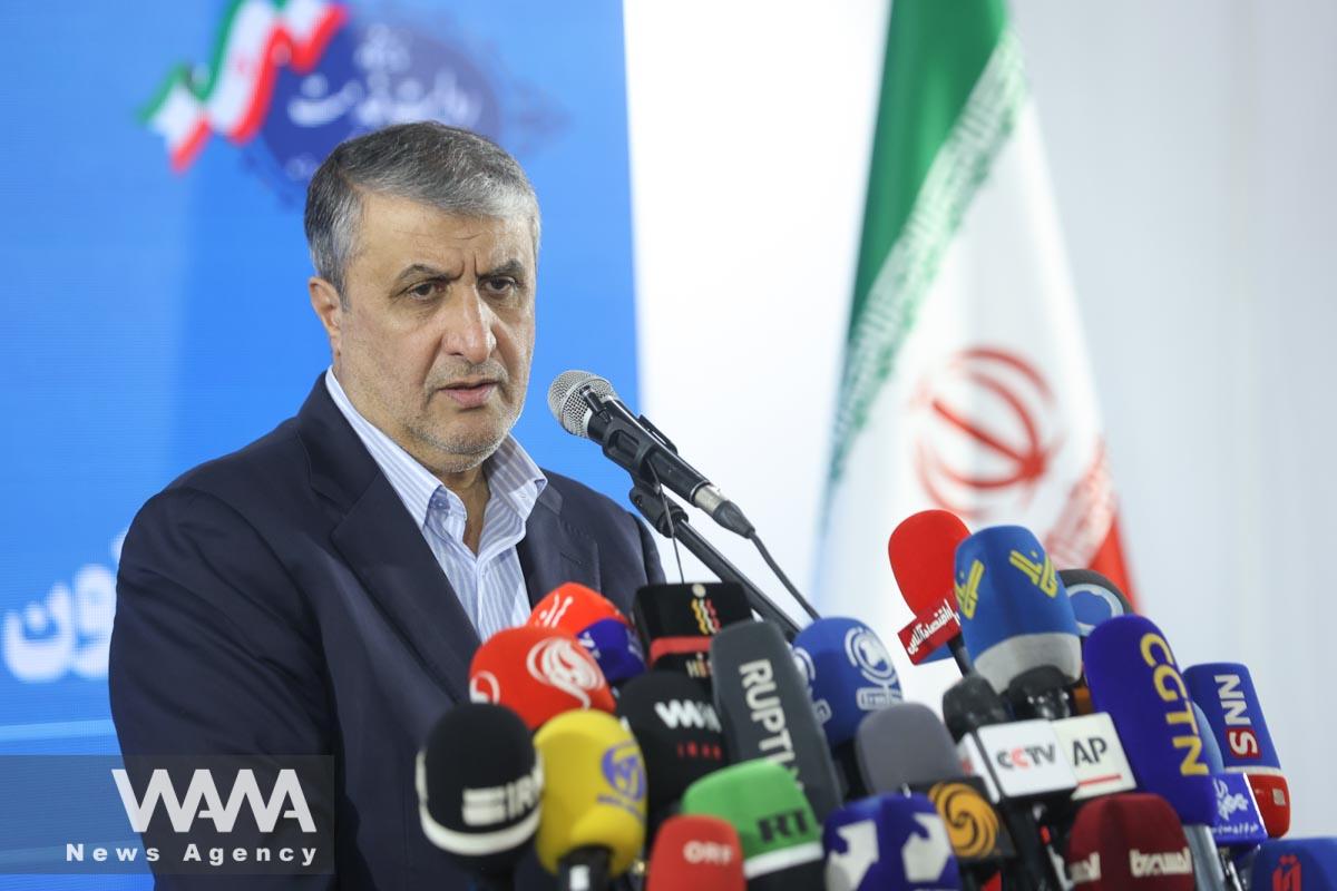 Head of Iran's Atomic Energy Organization Mohammad Eslami speaks on during a news conference in Tehran, Iran August 27, 2023. Majid Asgaripour/WANA (West Asia News Agency)