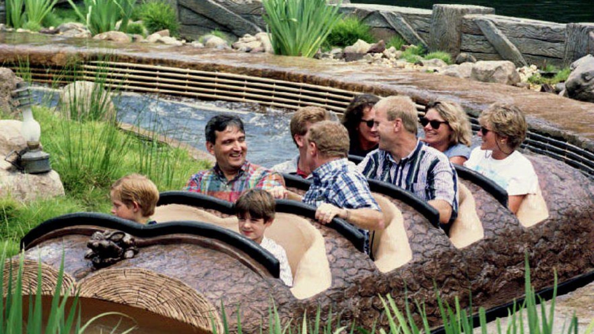 Princess Diana along with her friends Kate Menzies and Catherine Soames on the back row of Space Mountain - Prince Harry can be seen in the front row, 1993