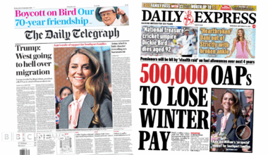 "Trump: West going to hell over migration" reads the headline on the front page of The Daily Telegraph.