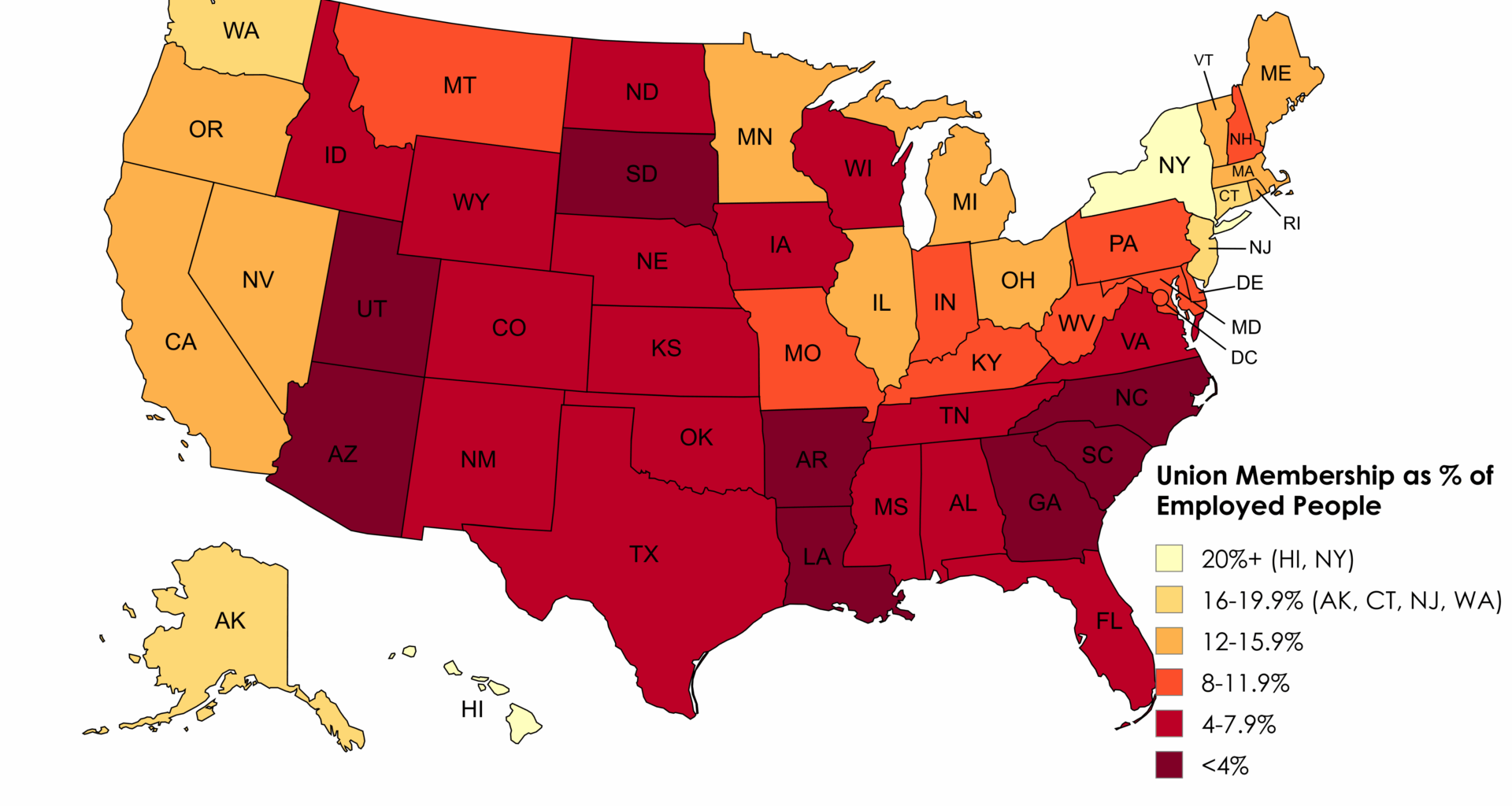 [OC] Union Membership as % of Employed People by U.S. State (2024)