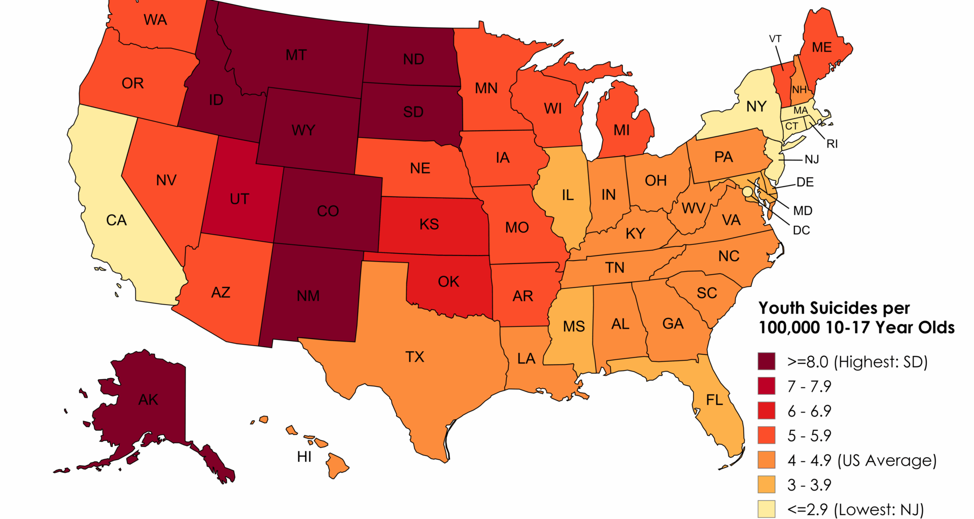 [OC] Annual Youth Suicides per 100,000 10-17 Year Old's by US State (2009-2023)