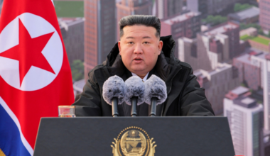 North Korean leader Kim Jong Un speaks during the groundbreaking ceremony for building flats at the fourth stage in the Hwasong area, Pyongyang, North Korea, February 16, 2025,  in this picture released by the Korean Central News Agency. KCNA via REUTERS/File Photo