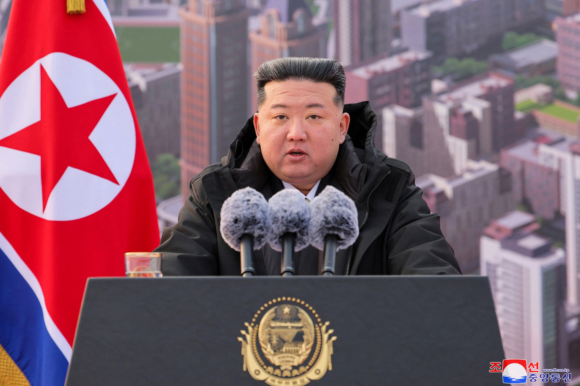 North Korean leader Kim Jong Un speaks during the groundbreaking ceremony for building flats at the fourth stage in the Hwasong area, Pyongyang, North Korea, February 16, 2025,  in this picture released by the Korean Central News Agency. KCNA via REUTERS/File Photo