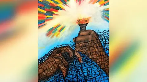 Kuachi Gai A picture in colour by Kuachi Gai showing two hands, one holding a torch giving off a flame and then vibrant rainbow shards of light. The hands are caught up in a black net. 
