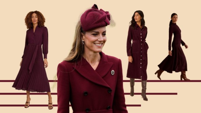 Kate Middleton in burgundy dress and models wearing similar, high street versions