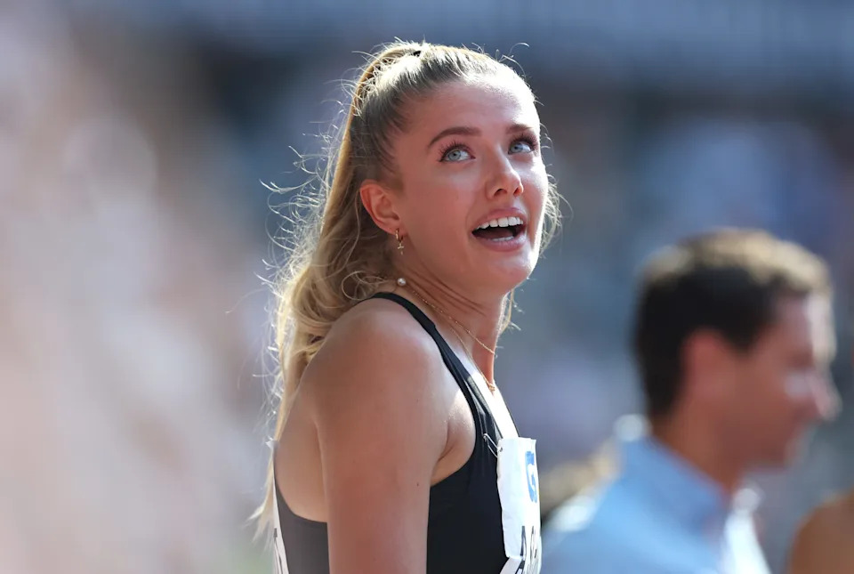 BERLIN, GERMANY - JUNE 26: Alica Schmidt of SSC Berlin reacts after the Women's 400m Final on day 4 of the multi sport event Die Finals at Olympiastadion on June 26, 2022 in Berlin, Germany. (Photo by Alex Grimm/Getty Images)