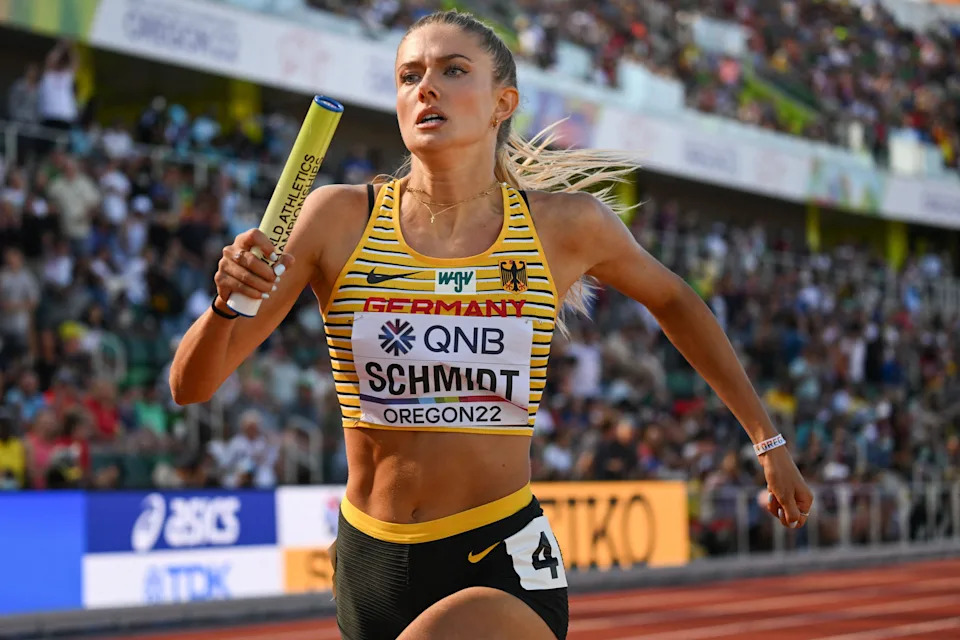 Germany's Alica Schmidt competes in the women's 4x400m relay heats during the World Athletics Championships at Hayward Field in Eugene, Oregon on July 23, 2022. (Photo by ANDREJ ISAKOVIC / AFP) (Photo by ANDREJ ISAKOVIC/AFP via Getty Images)