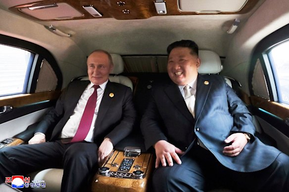 Kim Jong-un and Vladimir Putin take a drive in Beijing on Wednesday.