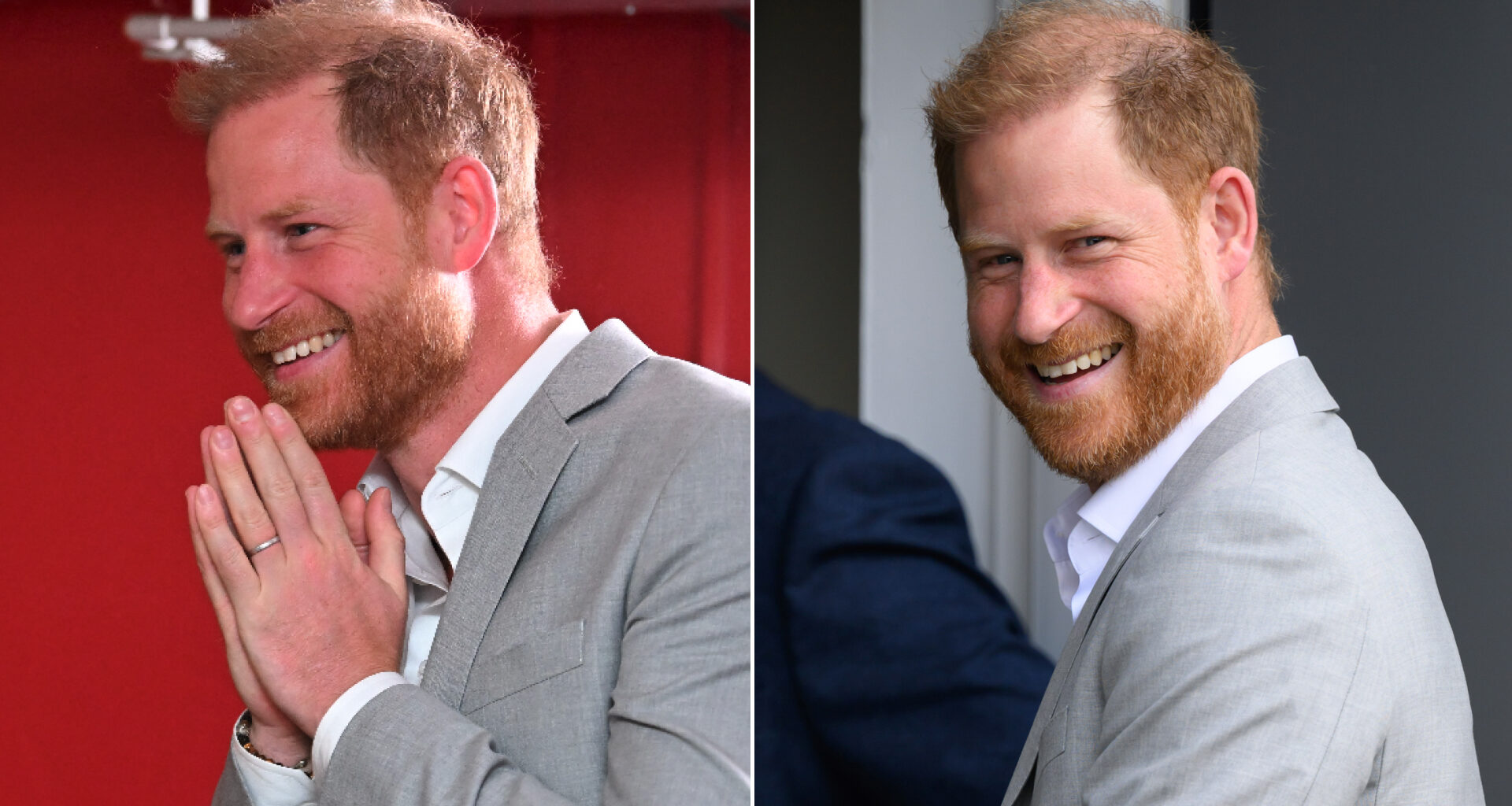 Prince Harry wears a gray suit jacket, a white shirt, and dark slacks and has red hair as he visits the UK in September 2025