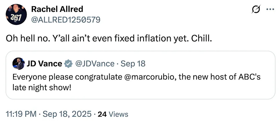 Tweet by Rachel Allred reacts to JD Vance's post about congratulating Marco Rubio for hosting ABC's late night show, mentioning inflation