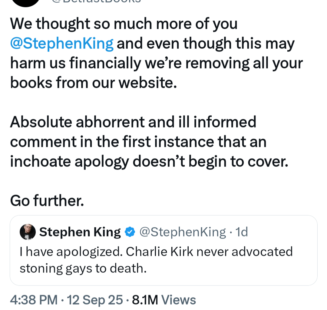 Belfast Books refusing to stock Stephen King books. Created a storm on Twitter