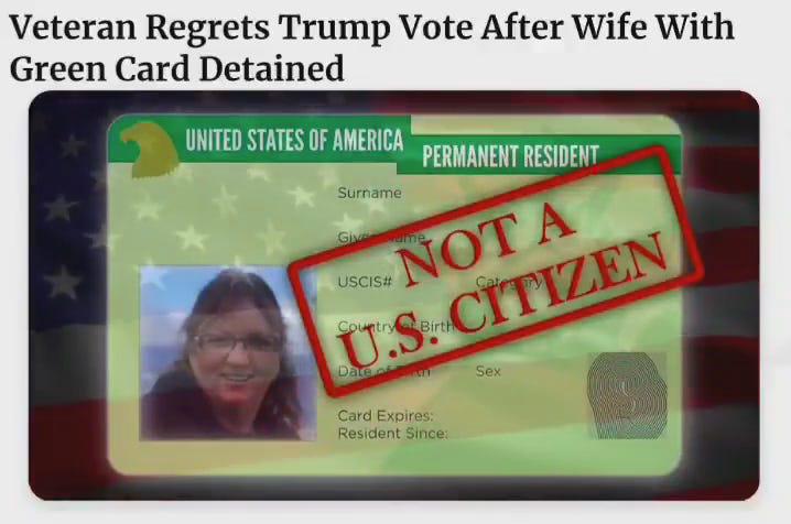 US Navy veteran now "100 percent" regrets his vote for Trump, after ICE detained his wife. She is now separated from her 4 kids and 5 grandkids. Locked up at an ICE concentration camp in Kentucky.