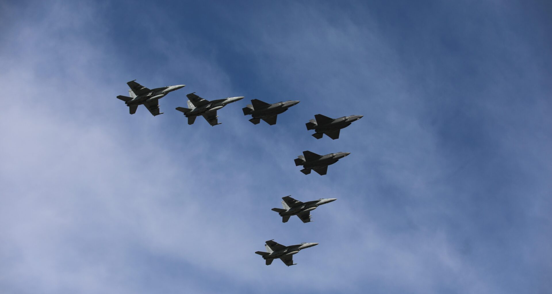 Carrier Air Wing 8 F/A-18 Super Hornets, deployed aboard the aircraft carrier USS Gerald R. Ford (CVN 78), and Royal Norwegian Air Force F-35A Lightning IIs overfly Ørland Air Base, Norway, during High North operations, Aug. 27, 2025.