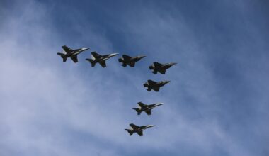 Carrier Air Wing 8 F/A-18 Super Hornets, deployed aboard the aircraft carrier USS Gerald R. Ford (CVN 78), and Royal Norwegian Air Force F-35A Lightning IIs overfly Ørland Air Base, Norway, during High North operations, Aug. 27, 2025.