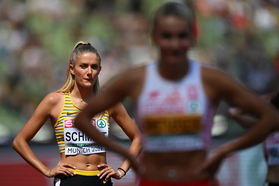 MUNICH, GERMANY - AUGUST 16: Alica Schmidt of Germany looks on prior to competing in the Women's 400m Semifinal 3 on day 6 of the European Championships Munich 2022 at Olympiapark on August 16, 2022 in Munich, Germany. (Photo by Matthias Hangst/Getty Images)
