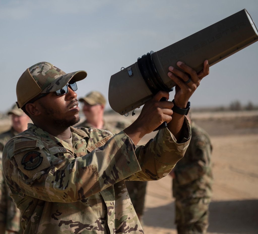 332d Expeditionary Security Forces Squadron train on counter drone tactics against small Unmanned Aerial Systems (sUAS) at an undisclosed location in Southwest Asia, September 6, 2022. ESFS Airmen train on how to spot suspicious aircraft and to use the Dronebuster to block radio signals, to potentially ground these aircraft. (U.S. Air Force photo by Tech. Sgt. Jeffery Foster)