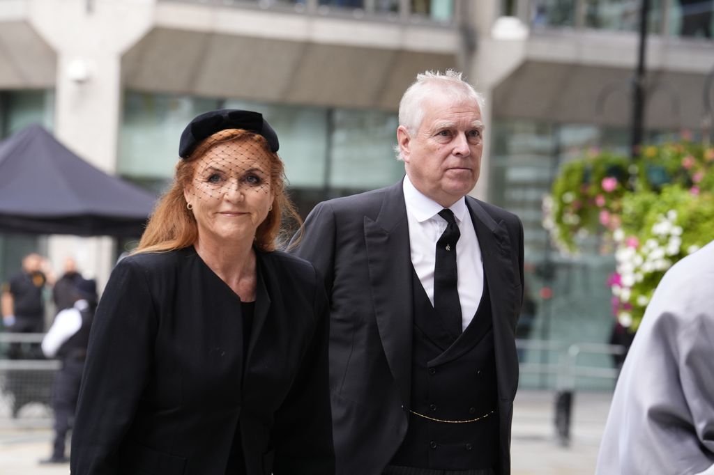 Sarah, Duchess of York and Prince Andrew, Duke of York arrive for the Requiem Mass service for Katharine, Duchess of Kent at Westminster Cathedral 