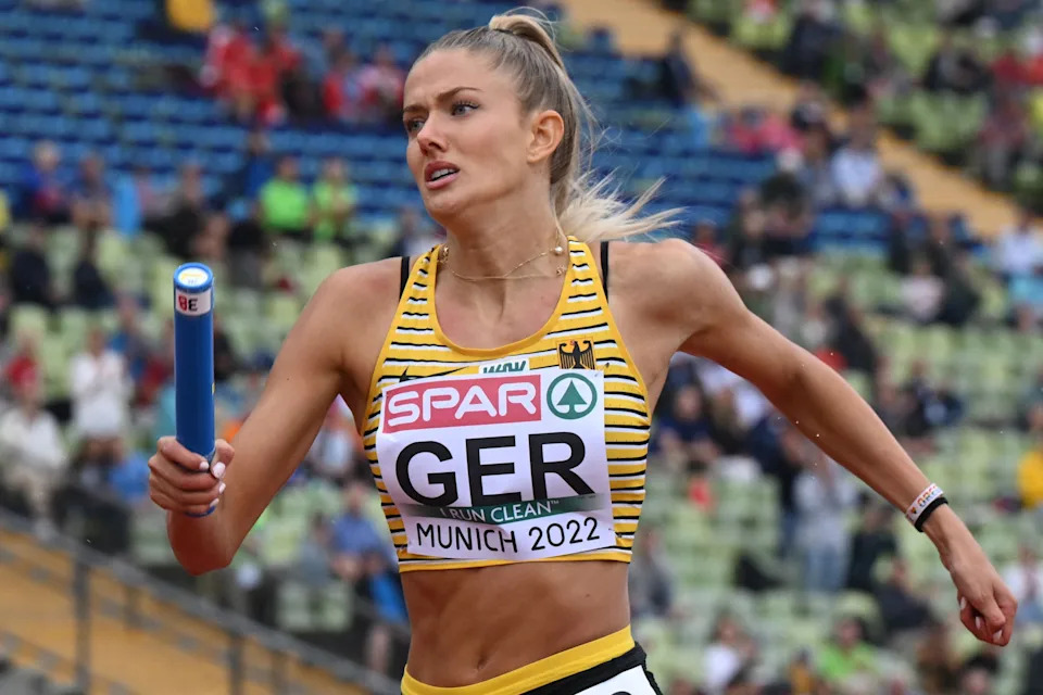 Germany's Alica Schmidt competes in the women's 4x400m relay heats during the European Athletics Championships at the Olympic Stadium in Munich, southern Germany on August 19, 2022. (Photo by ANDREJ ISAKOVIC / AFP) (Photo by ANDREJ ISAKOVIC/AFP via Getty Images)