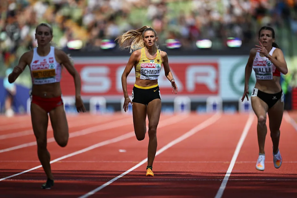 MUNICH, GERMANY - AUGUST 16: Alica Schmidt of Germany competes during the Women's 400m Semifinal 3 on day 6 of the European Championships Munich 2022 at Olympiapark on August 16, 2022 in Munich, Germany. (Photo by Matthias Hangst/Getty Images)