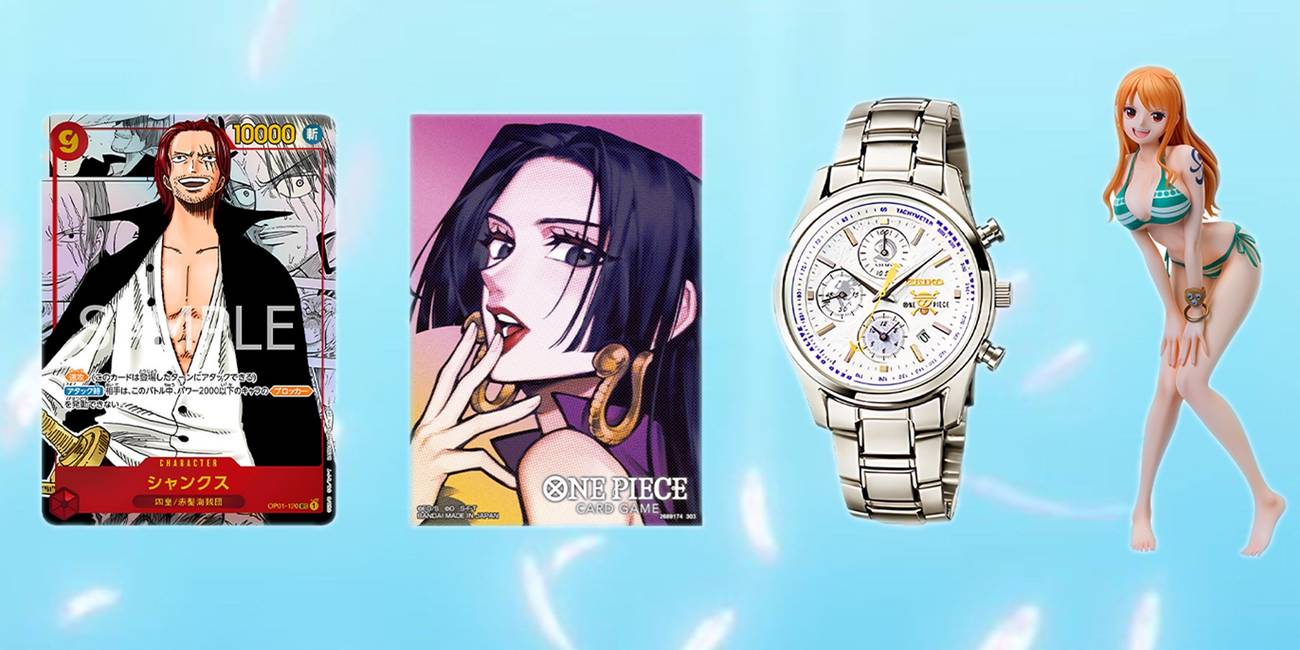 Assorted One Piece merch, figures and TCG cards on Meccha Japan’s site