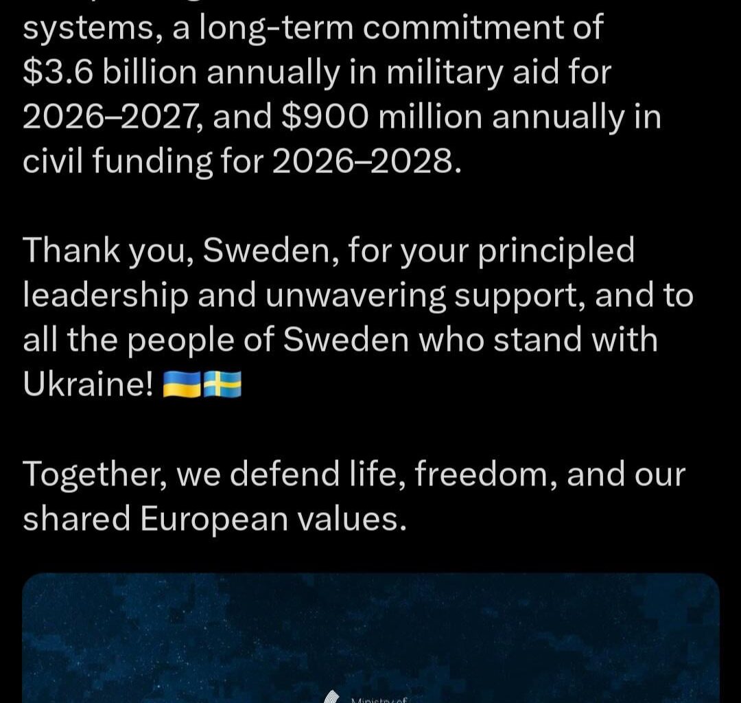 Sweden announces their 20th military aid package to Ukraine worth 836 million dollars