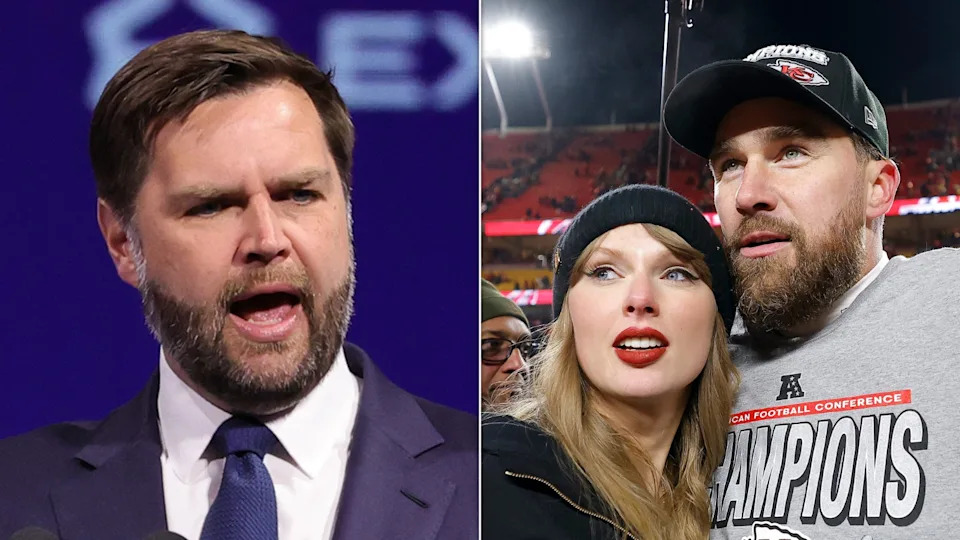 Two side-by-side images: a man in a suit speaking, and a woman in casual wear with a man in a sports cap at a stadium