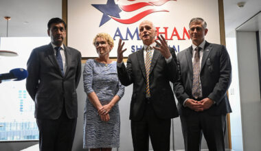 U.S. Rep. Adam Smith, Democrat of Washington, speaks as he stands next to Rep. Ro Khanna, Democrat of California and member of the House Armed Services Committee; Chrissy Houlahan, Democrat of Pennsylvania and member of the House Armed Services Committee; and Michael Baumgartner, Republican of Washington and member of House Foreign Affairs Committee during a press conference at the American Chamber of Commerce in Shanghai on Sept. 25. [REUTERS/YONHAP]