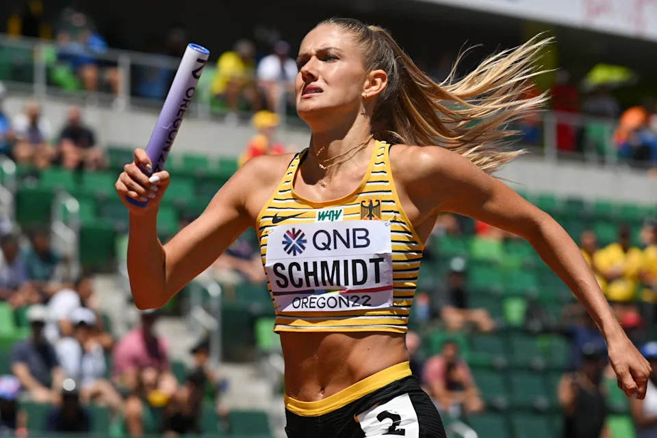 Germany's Alica Schmidt competes in the mixed 4x400m relay heats during the World Athletics Championships at Hayward Field in Eugene, Oregon on July 15, 2022. (Photo by ANDREJ ISAKOVIC / AFP) (Photo by ANDREJ ISAKOVIC/AFP via Getty Images)