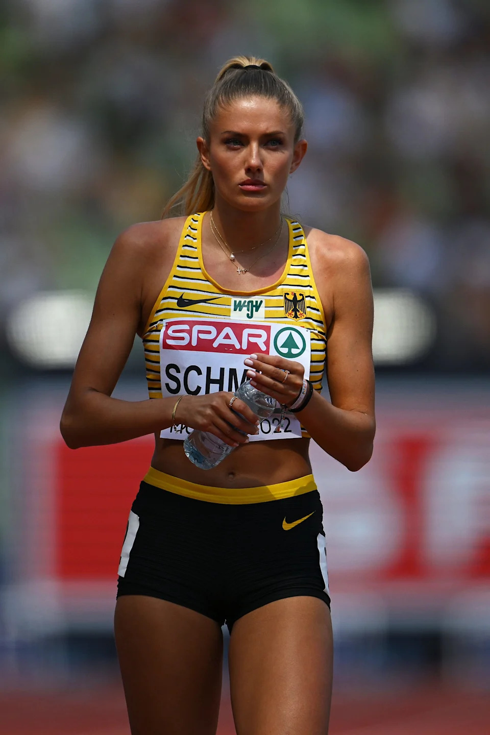 MUNICH, GERMANY - AUGUST 16: Alica Schmidt of Germany looks on prior to competing in the Women's 400m Semifinal 3 on day 6 of the European Championships Munich 2022 at Olympiapark on August 16, 2022 in Munich, Germany.