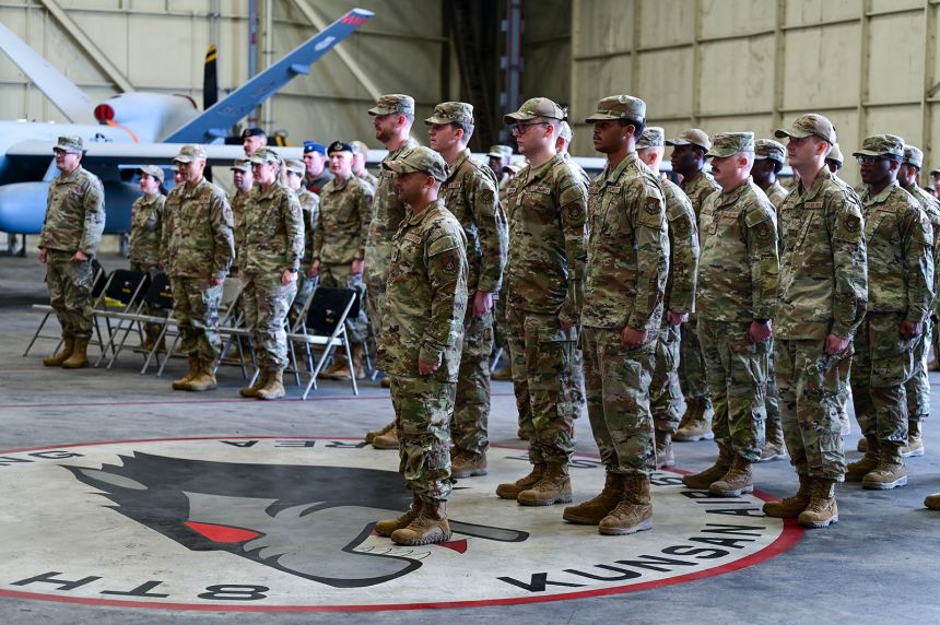 Members of the 431st Expeditionary Reconnaissance Squadron stand in formation during the 431st ERS activation ceremony at Kunsan Air Base, South Korea, on September 29.