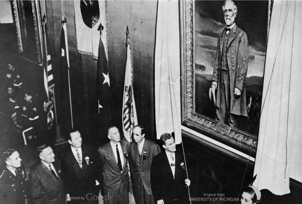 A 20-foot portrait of Gen. Robert E. Lee in his Confederate uniform, accompanied by a slave, was unveiled in 1952 at the height of segregation. / The Sesquicentennial of the United States Military Academy via West Point Modern War Institute