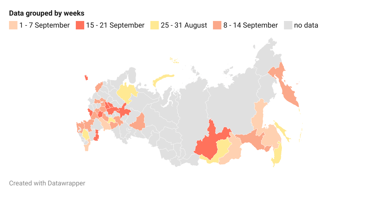 Regularly updated live map of russian regions experiencing a gasoline shortage.