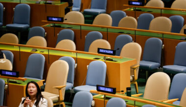Palestinian delegate seats sit empty along with others as Israeli Prime Minister Benjamin Netanyahu speaks during the 80th session of the United Nations General Assembly, Sept. 26, at UN headquarters. [AP/YONHAP]