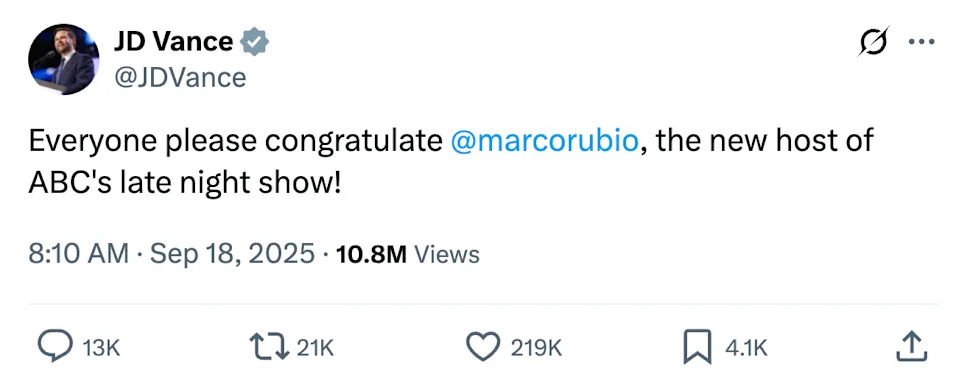 Tweet from JD Vance congratulating Marco Rubio on becoming the new host of ABC's late night show