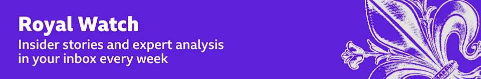 Thin, purple banner promoting the Royal Watch newsletter with text saying, “Insider stories and expert analysis in your inbox every week”. There is also a graphic of a fleur-de-lis in white.