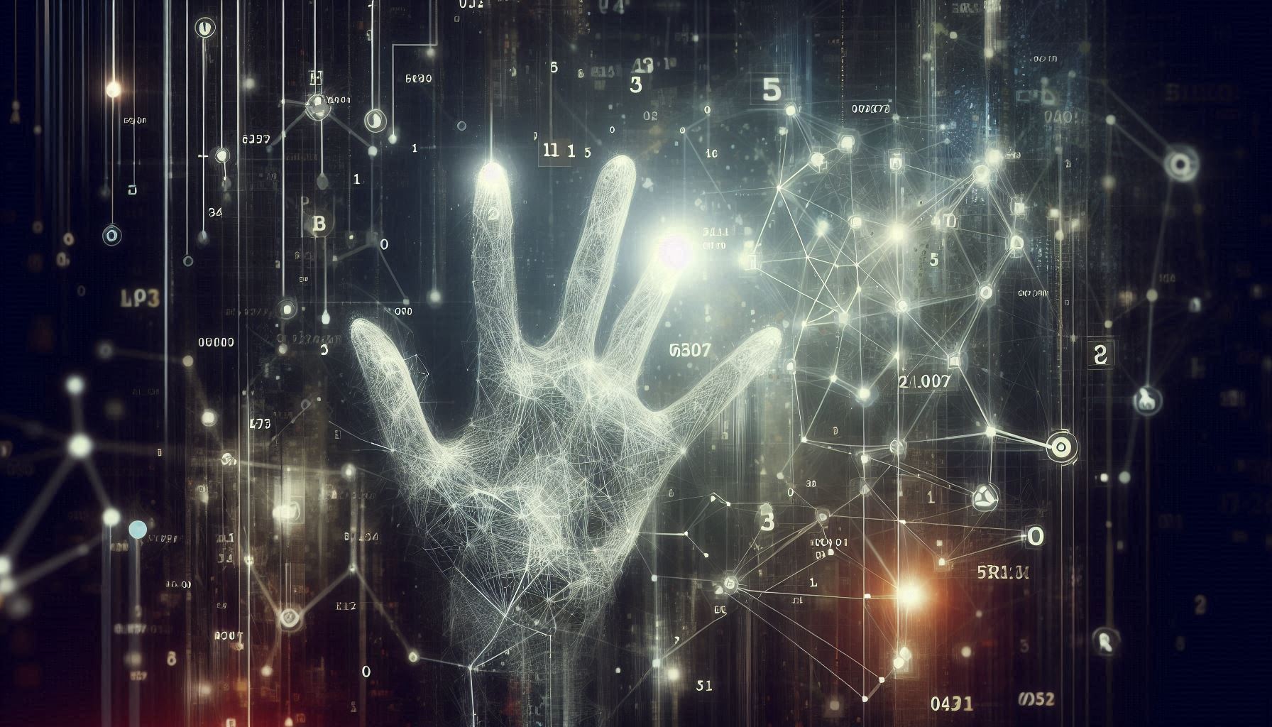 data science networking AI ghostly hand reaching into a dark space filled with glowing symbols