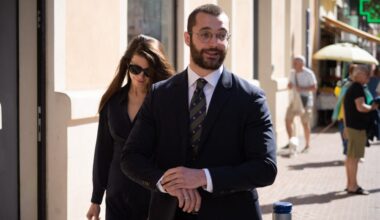 Louis Sarkozy walks through the streets of Menton with his wife Natali Husic before the book signing of his book on Napoleon Bonaparte in Menton in the South of France on May 15, 2025.