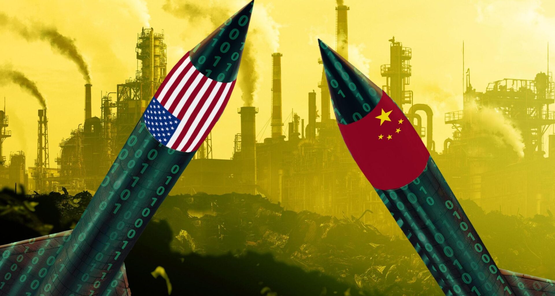 Dueling American and Chinese missiles with binary code on them duel over an image of a smoggy gas plant