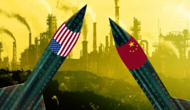 Dueling American and Chinese missiles with binary code on them duel over an image of a smoggy gas plant