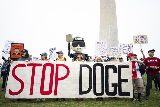 UNITED STATES - APRIL 5: Thousands of protesters gather for the Hands Off rally around the Washington Monument in Washington on Saturday, April 5, 2025. Hands Off organized a nationwide mobilizationof protests against the Trump administration. (Bill Clark/CQ Roll Call via AP Images)