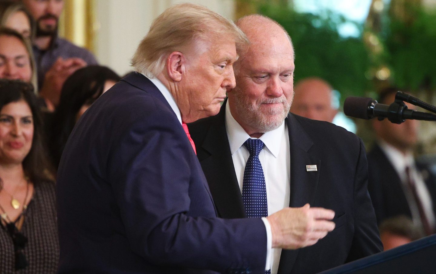 President Donald Trump introduces White House border czar Tom Homan during a “One Big, Beautiful” event in the East Room of the White House, on June 26, 2025.