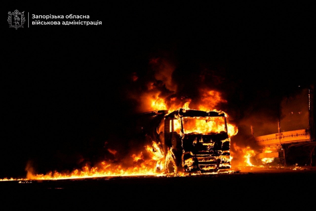 A truck burns at the site of the Russian missile strike, amid Russia's attack on Ukraine in Zaporizhzhia