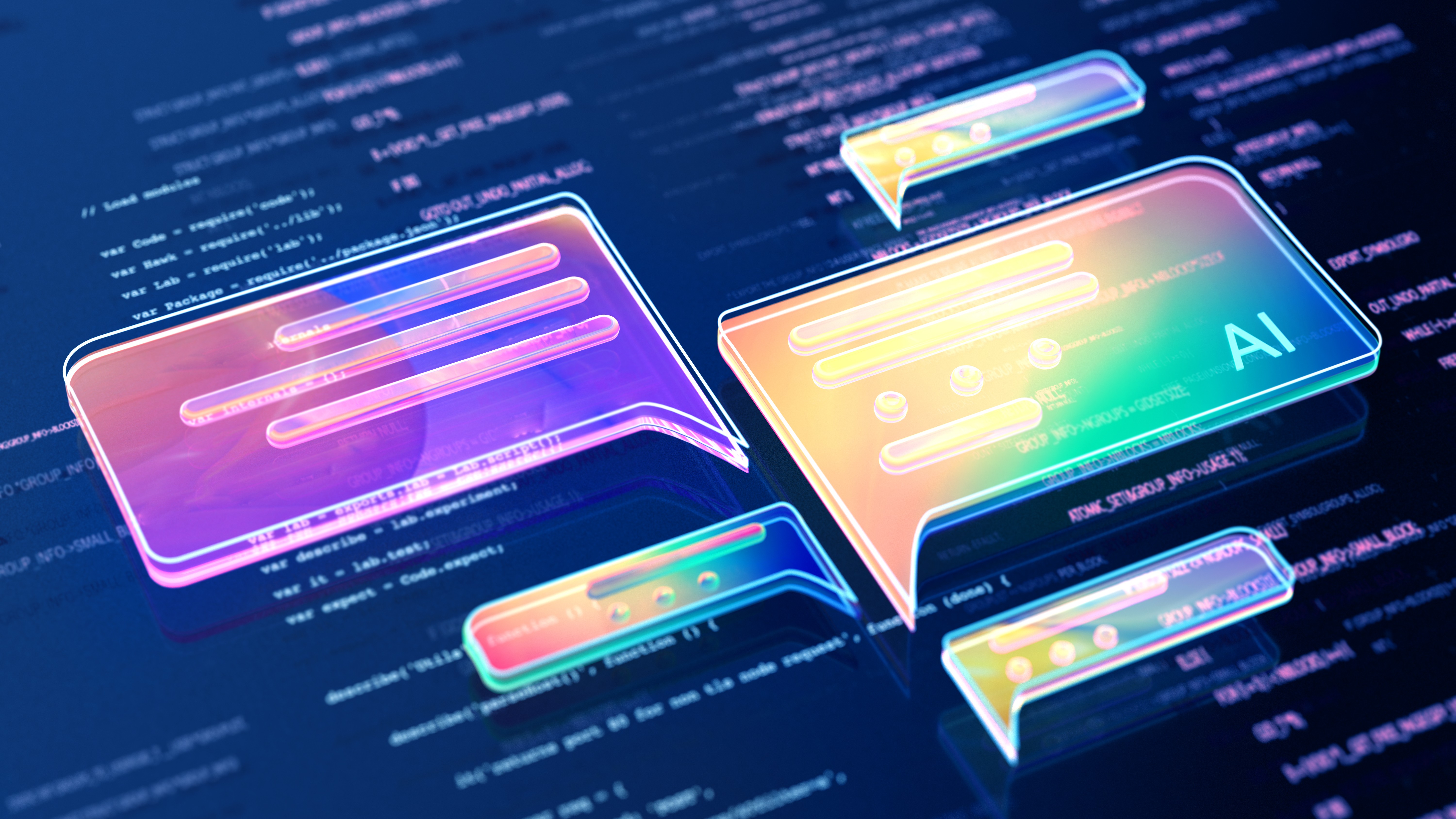 A concept image of AI chat icons floating over a backdrop of code.